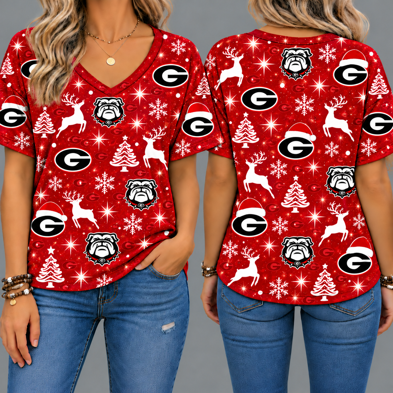 Georgia Bulldogs Women’s Christmas Reindeer Snowflake All-Over Print V-Neck Short Sleeve Shirt