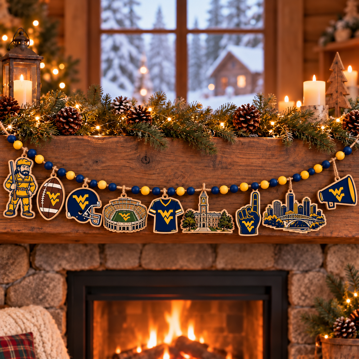 West Virginia Mountaineers Wooden Christmas Garland – Football Team Holiday Hanging Decorations