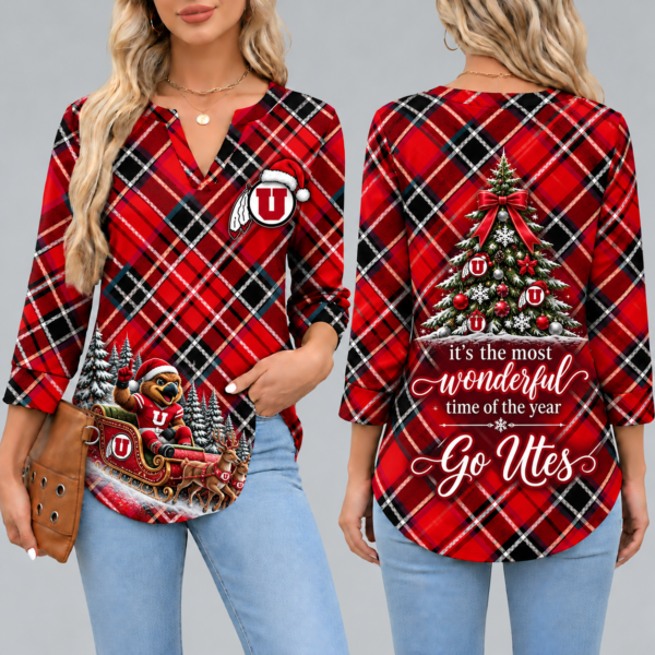 Utah Utes Women's Christmas Plaid V-Neck Collar Long Sleeve Casual Shirt with Festive Holiday Print