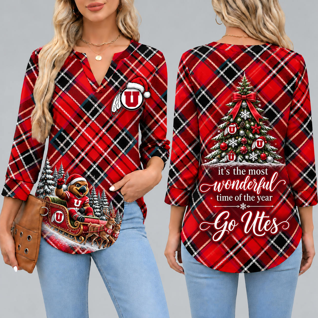 Utah Utes Women's Christmas Plaid V-Neck Collar Long Sleeve Casual Shirt with Festive Holiday Print