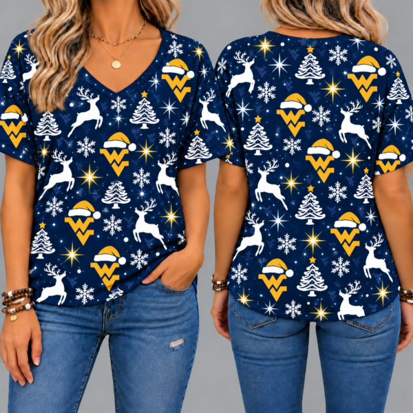 West Virginia Mountaineers Women’s Christmas Reindeer Snowflake All-Over Print V-Neck Short Sleeve Shirt