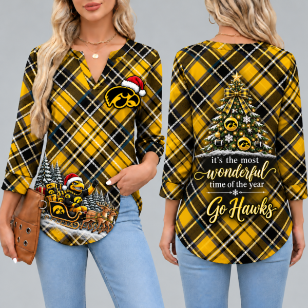 Iowa Hawkeyes Women's Christmas Plaid V-Neck Collar Long Sleeve Casual Shirt with Festive Holiday Print