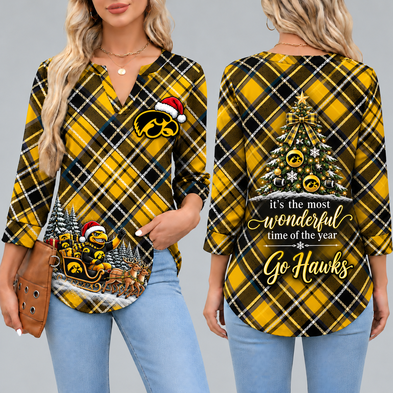 Iowa Hawkeyes Women's Christmas Plaid V-Neck Collar Long Sleeve Casual Shirt with Festive Holiday Print