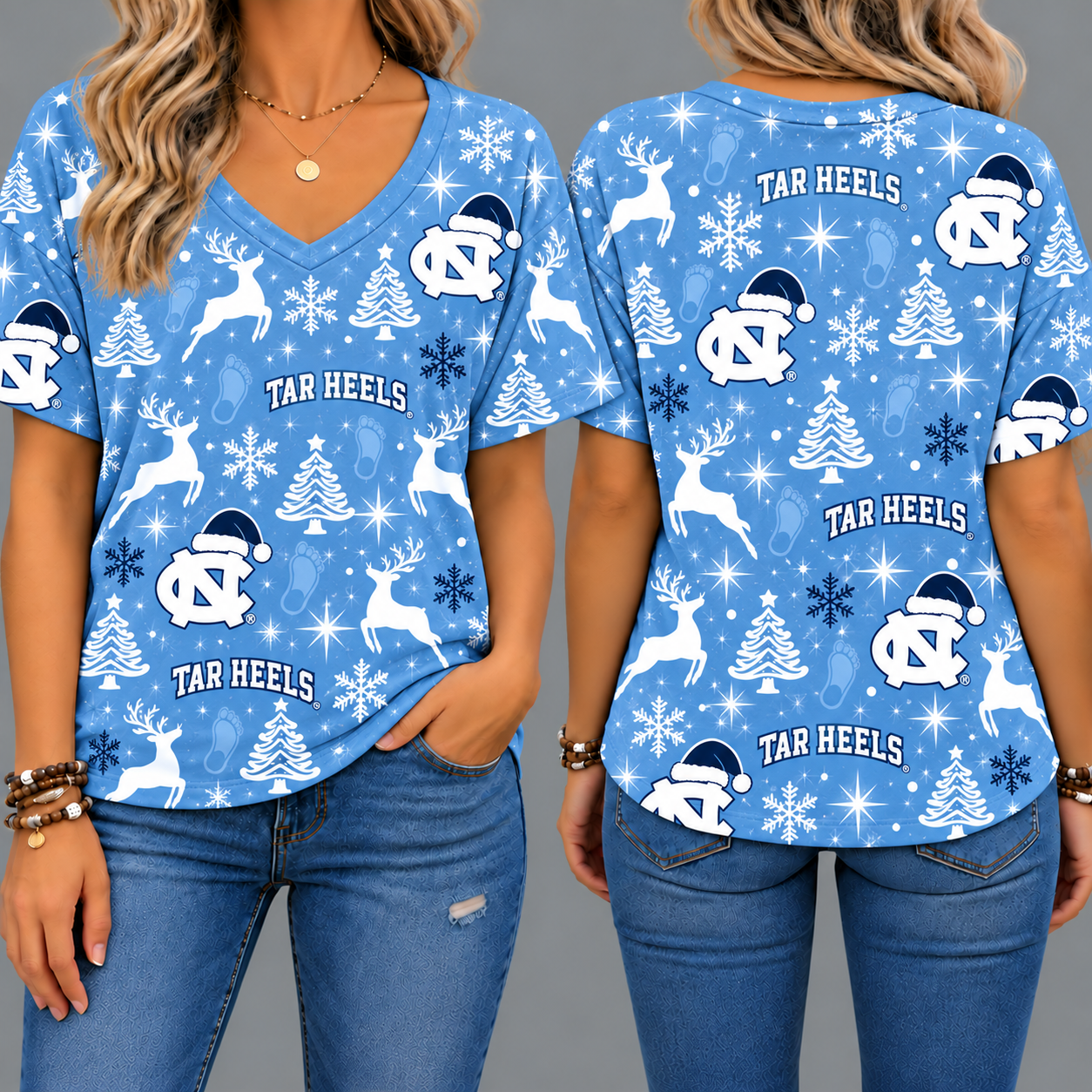 North Carolina Tar Heels Women’s Christmas Reindeer Snowflake All-Over Print V-Neck Short Sleeve Shirt
