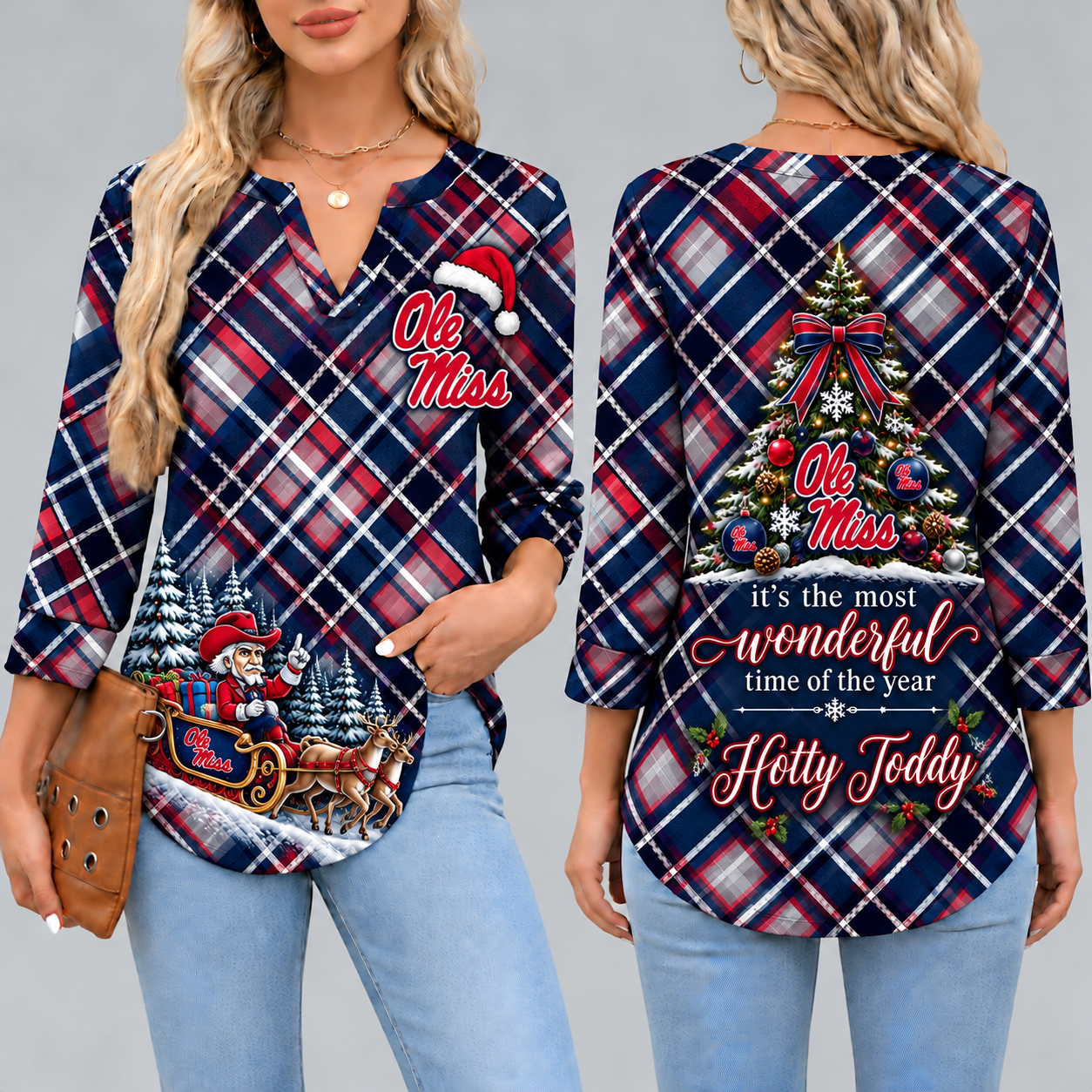 Ole Miss Rebels Women's Christmas Plaid V-Neck Collar Long Sleeve Casual Shirt with Festive Holiday Print