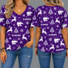 Kansas State Wildcats Women’s Christmas Reindeer Snowflake All-Over Print V-Neck Short Sleeve Shirt