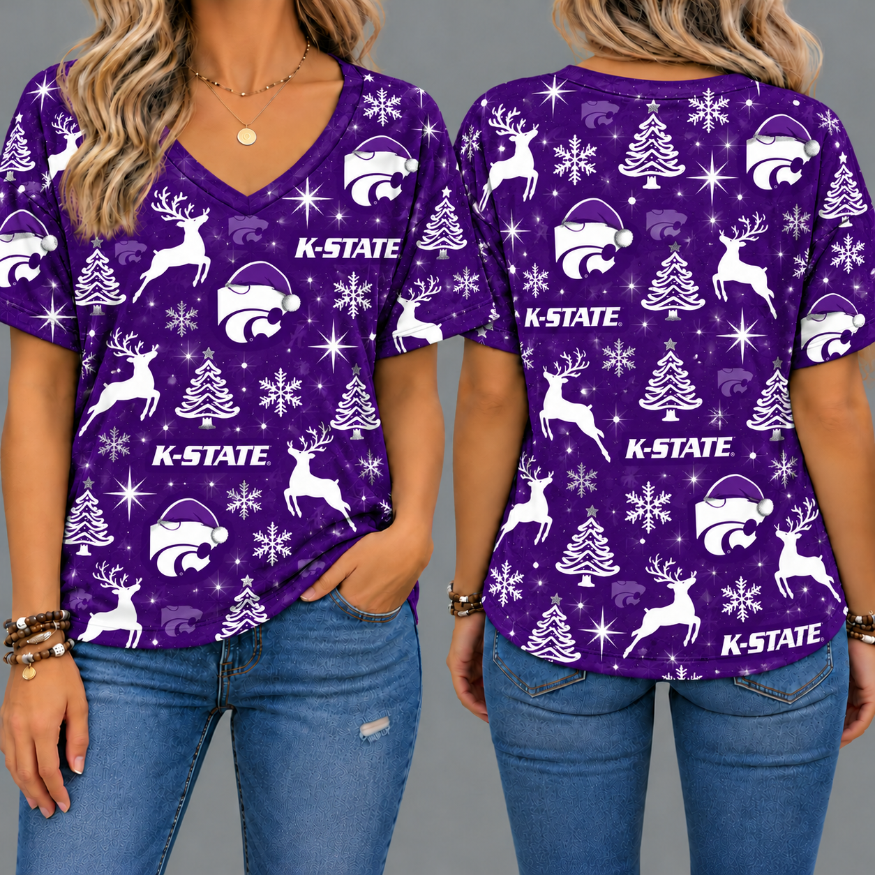 Kansas State Wildcats Women’s Christmas Reindeer Snowflake All-Over Print V-Neck Short Sleeve Shirt