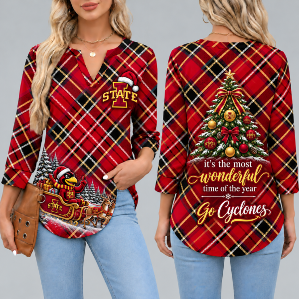 Iowa State Cyclones Women's Christmas Plaid V-Neck Collar Long Sleeve Casual Shirt with Festive Holiday Print