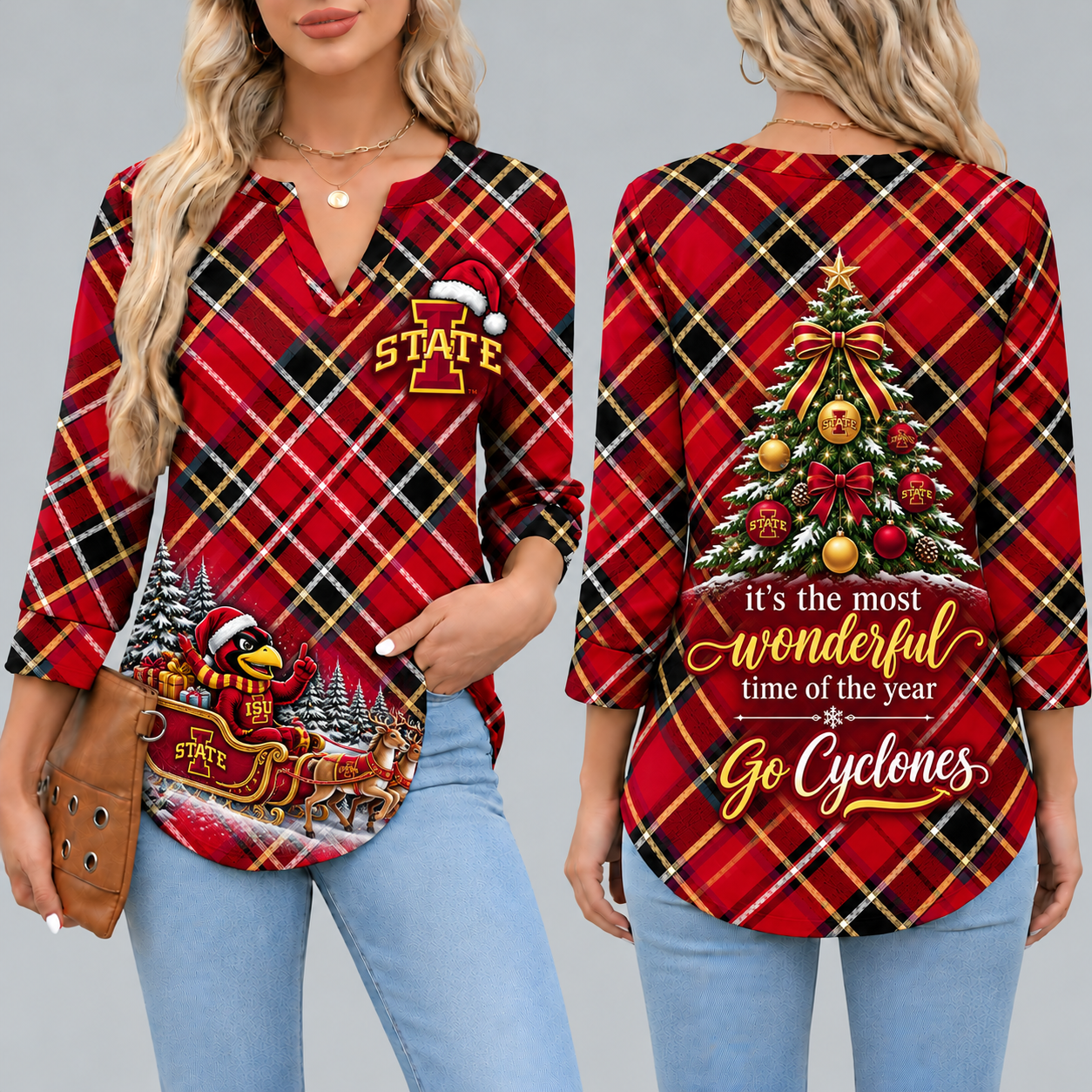 Iowa State Cyclones Women's Christmas Plaid V-Neck Collar Long Sleeve Casual Shirt with Festive Holiday Print