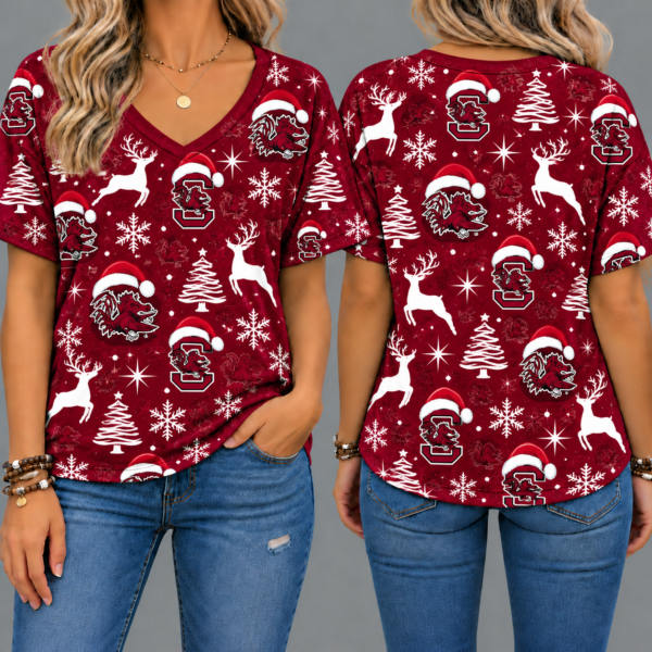 South Carolina Gamecocks Women’s Christmas Reindeer Snowflake All-Over Print V-Neck Short Sleeve Shirt