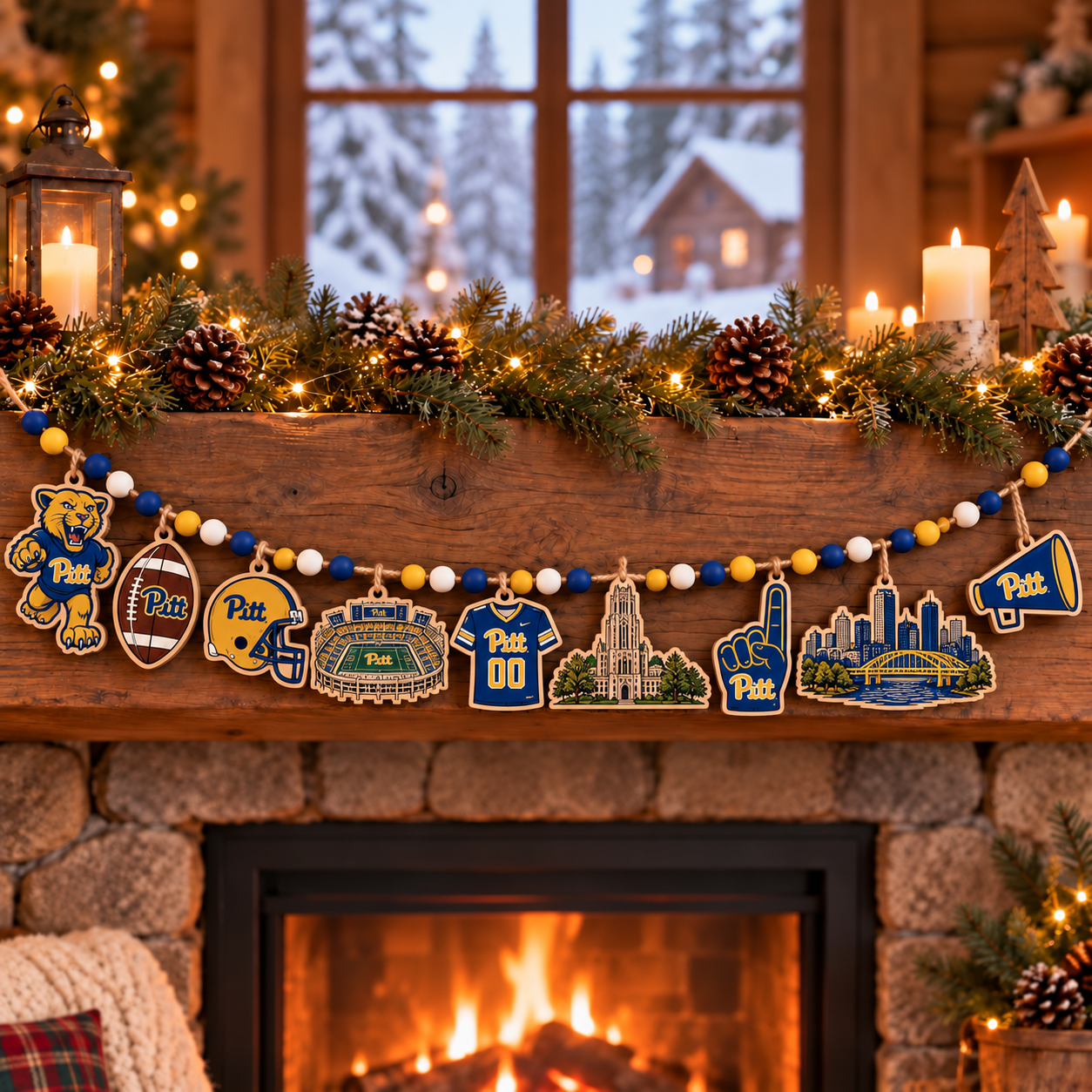 Pittsburgh Panthers Wooden Christmas Garland – Football Team Holiday Hanging Decorations