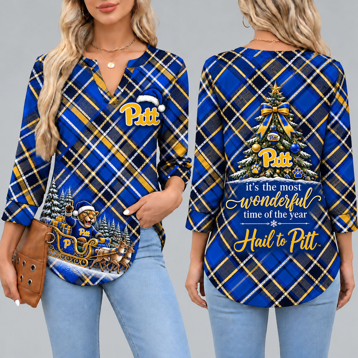 Pittsburgh Panthers Women's Christmas Plaid V-Neck Collar Long Sleeve Casual Shirt with Festive Holiday Print