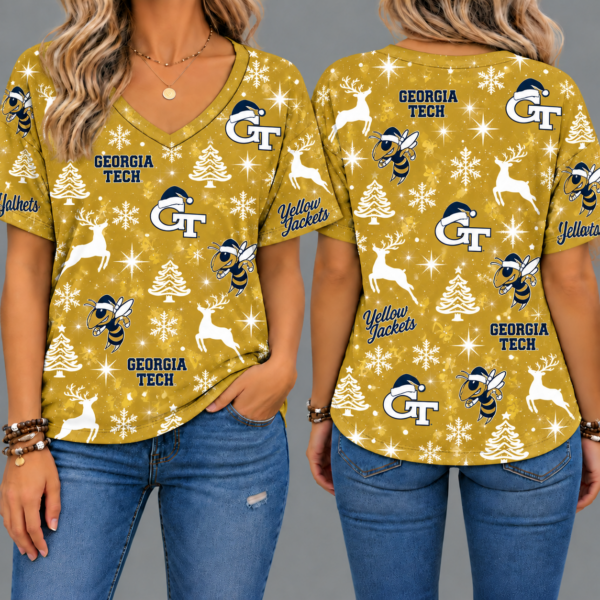 Georgia Tech Yellow Jackets Women’s Christmas Reindeer Snowflake All-Over Print V-Neck Short Sleeve Shirt