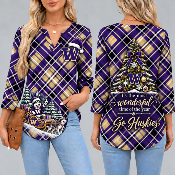 Washington Huskies Women's Christmas Plaid V-Neck Collar Long Sleeve Casual Shirt with Festive Holiday Print