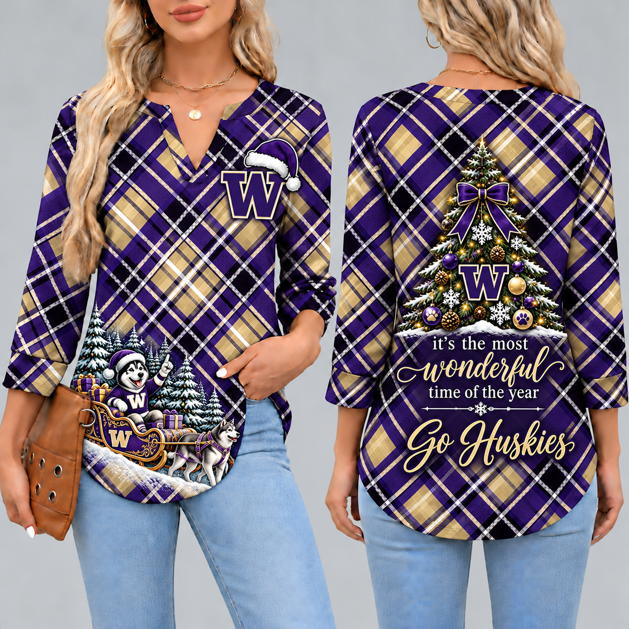 Washington Huskies Women's Christmas Plaid V-Neck Collar Long Sleeve Casual Shirt with Festive Holiday Print