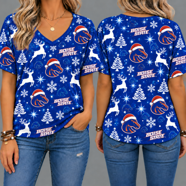 Boise State Broncos Women’s Christmas Reindeer Snowflake All-Over Print V-Neck Short Sleeve Shirt