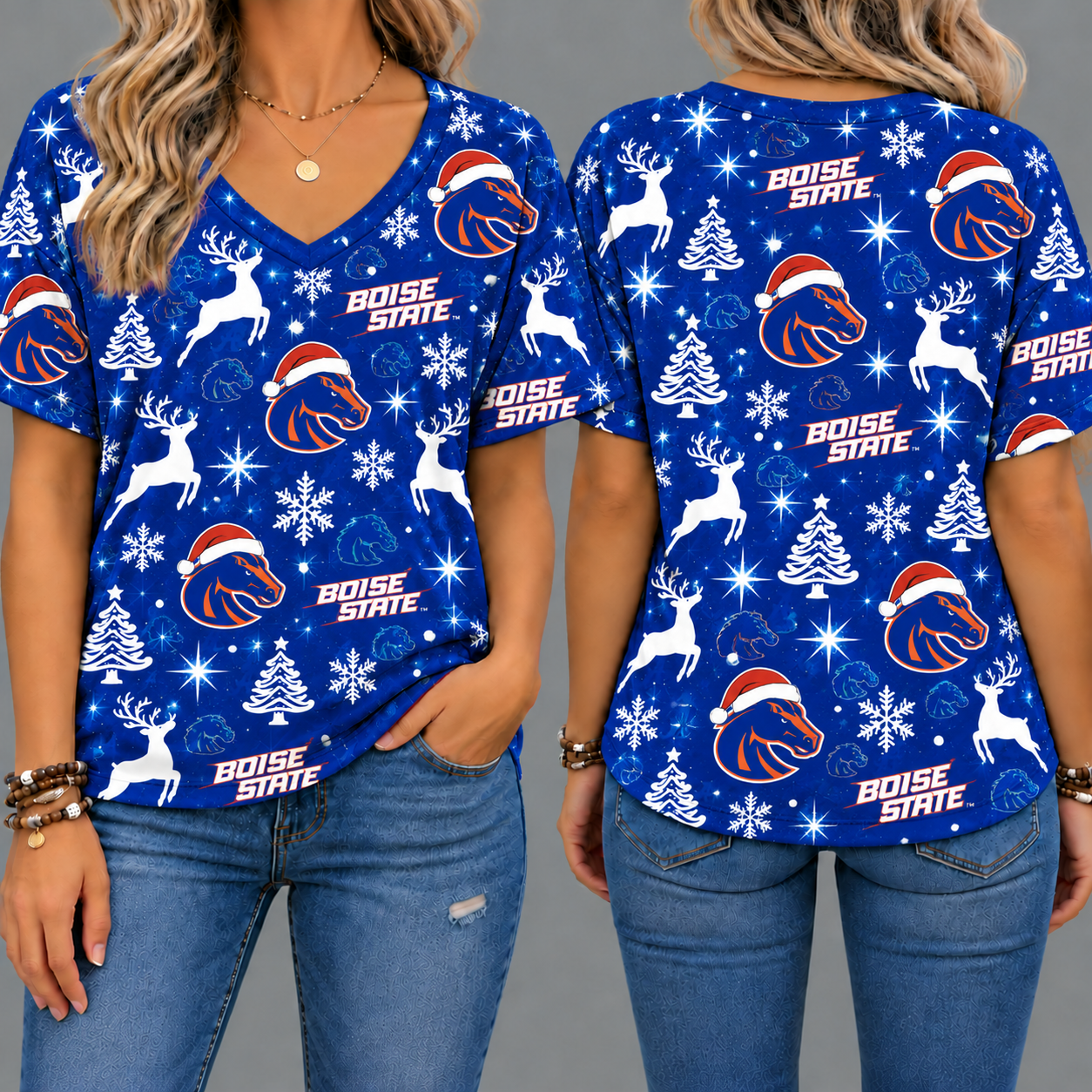Boise State Broncos Women’s Christmas Reindeer Snowflake All-Over Print V-Neck Short Sleeve Shirt