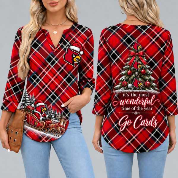 Louisville Cardinals Women's Christmas Plaid V-Neck Collar Long Sleeve Casual Shirt with Festive Holiday Print