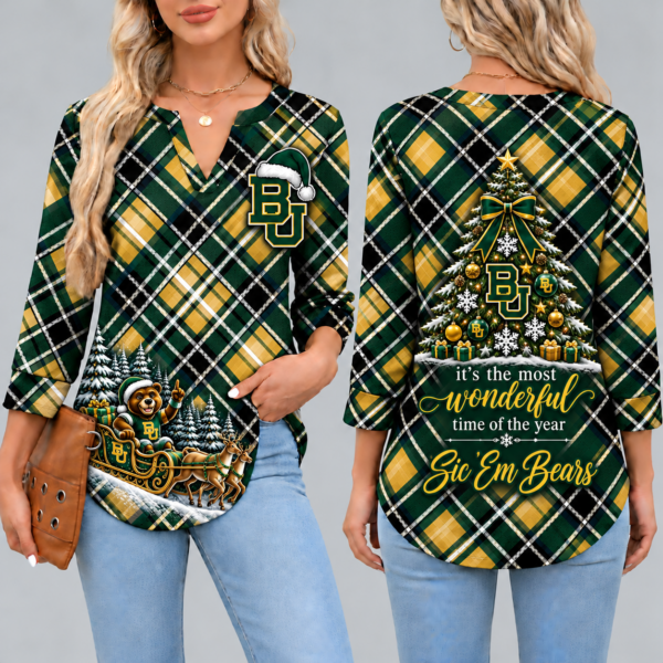 Baylor Bears Women's Christmas Plaid V-Neck Collar Long Sleeve Casual Shirt with Festive Holiday Print