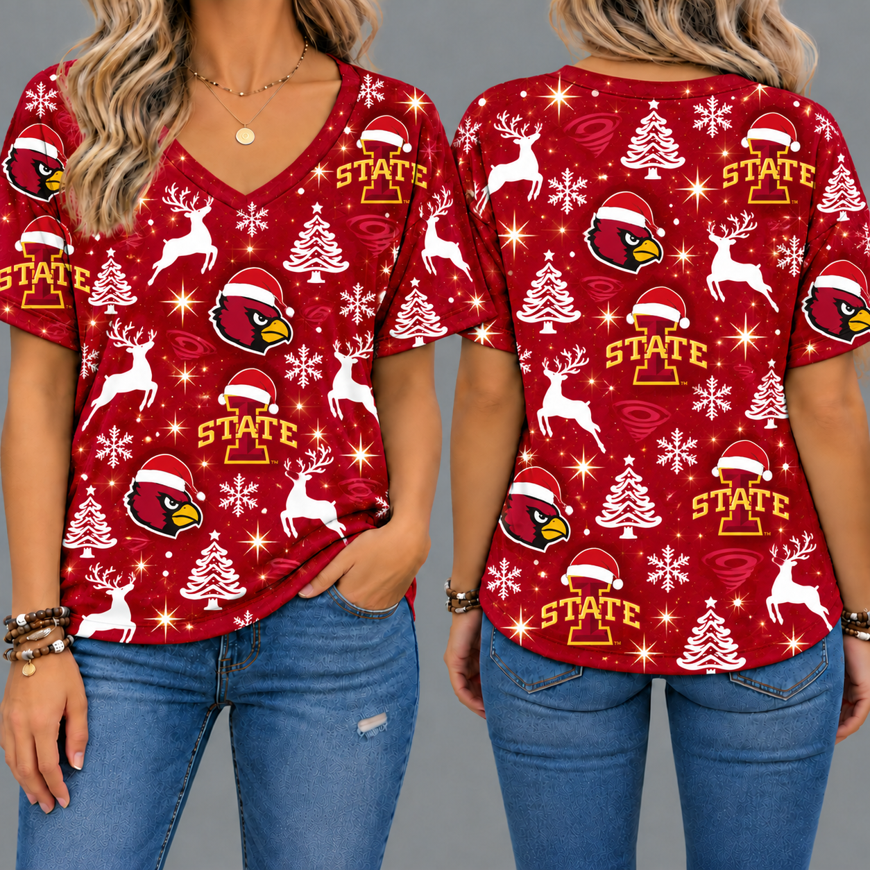 Iowa State Cyclones Women’s Christmas Reindeer Snowflake All-Over Print V-Neck Short Sleeve Shirt