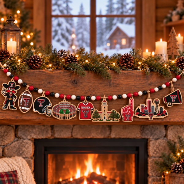 Texas Tech Red Raiders Wooden Christmas Garland – Football Team Holiday Hanging Decorations