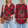 Arkansas Razorbacks Women's Christmas Plaid V-Neck Collar Long Sleeve Casual Shirt with Festive Holiday Print
