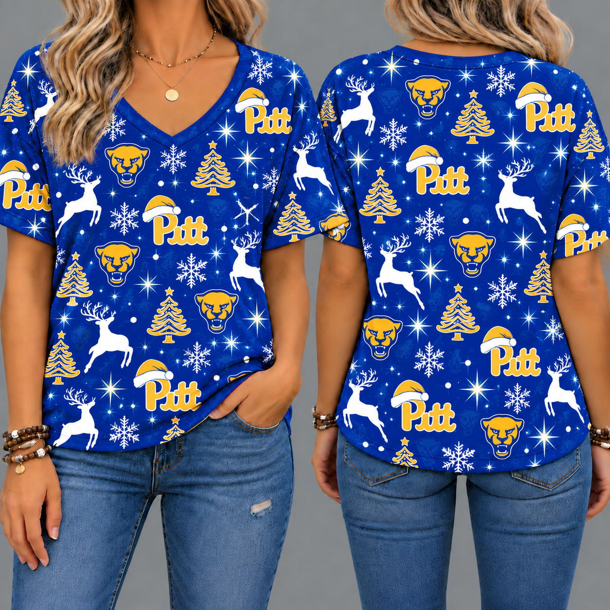 Pittsburgh Panthers Women’s Christmas Reindeer Snowflake All-Over Print V-Neck Short Sleeve Shirt