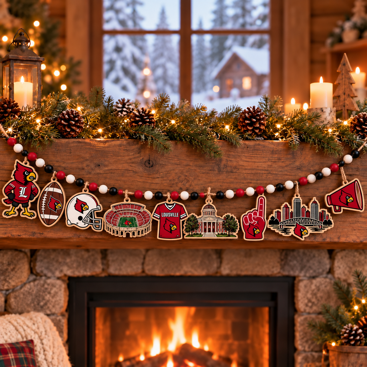 Louisville Cardinals Wooden Christmas Garland – Football Team Holiday Hanging Decorations