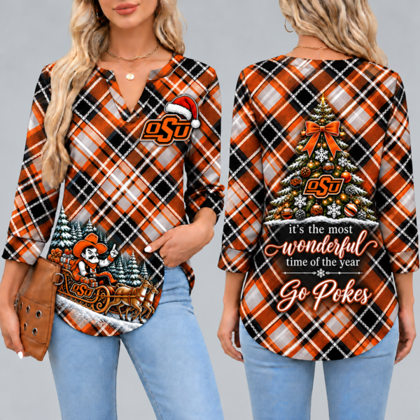 Oklahoma State Cowboys Women's Christmas Plaid V-Neck Collar Long Sleeve Casual Shirt with Festive Holiday Print