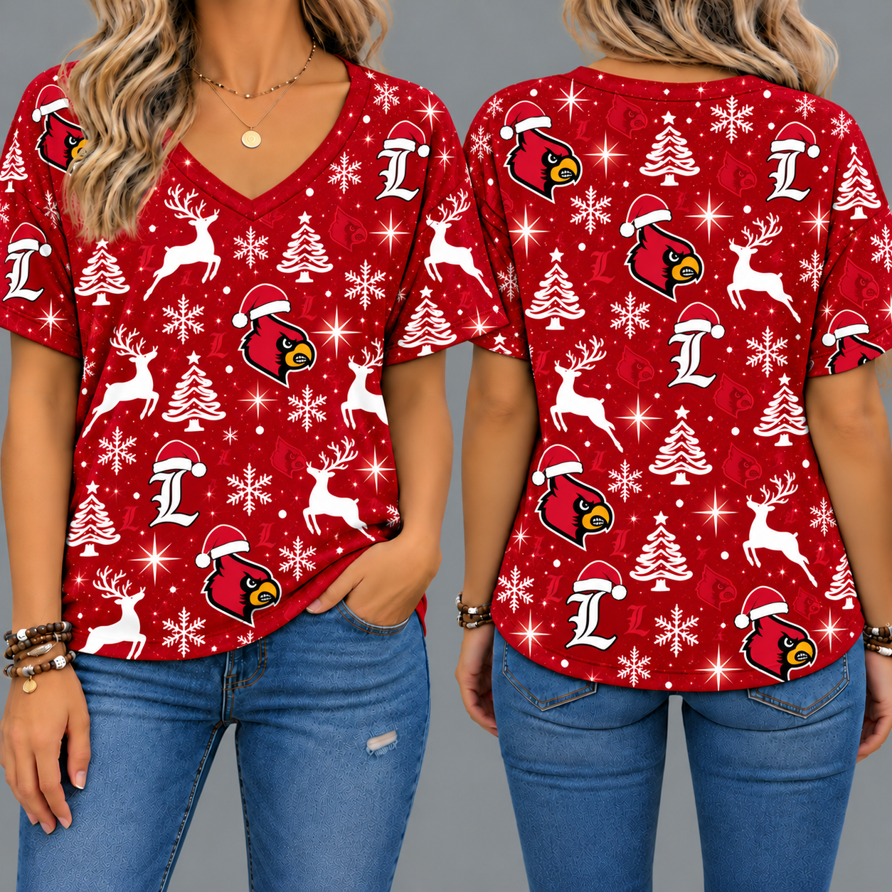 Louisville Cardinals Women’s Christmas Reindeer Snowflake All-Over Print V-Neck Short Sleeve Shirt
