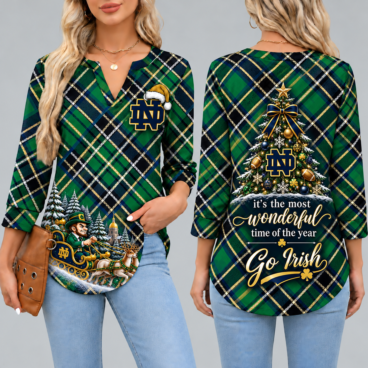 Notre Dame Fighting Irish Women's Christmas Plaid V-Neck Collar Long Sleeve Casual Shirt with Festive Holiday Print