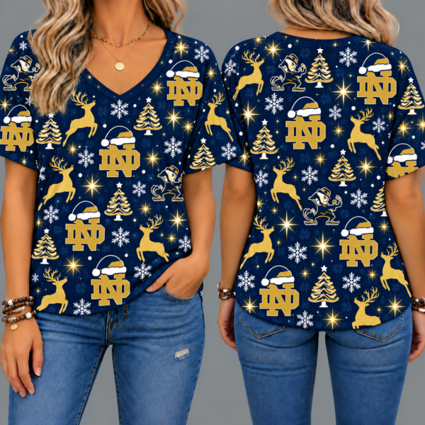 Notre Dame Fighting Irish Women’s Christmas Reindeer Snowflake All-Over Print V-Neck Short Sleeve Shirt