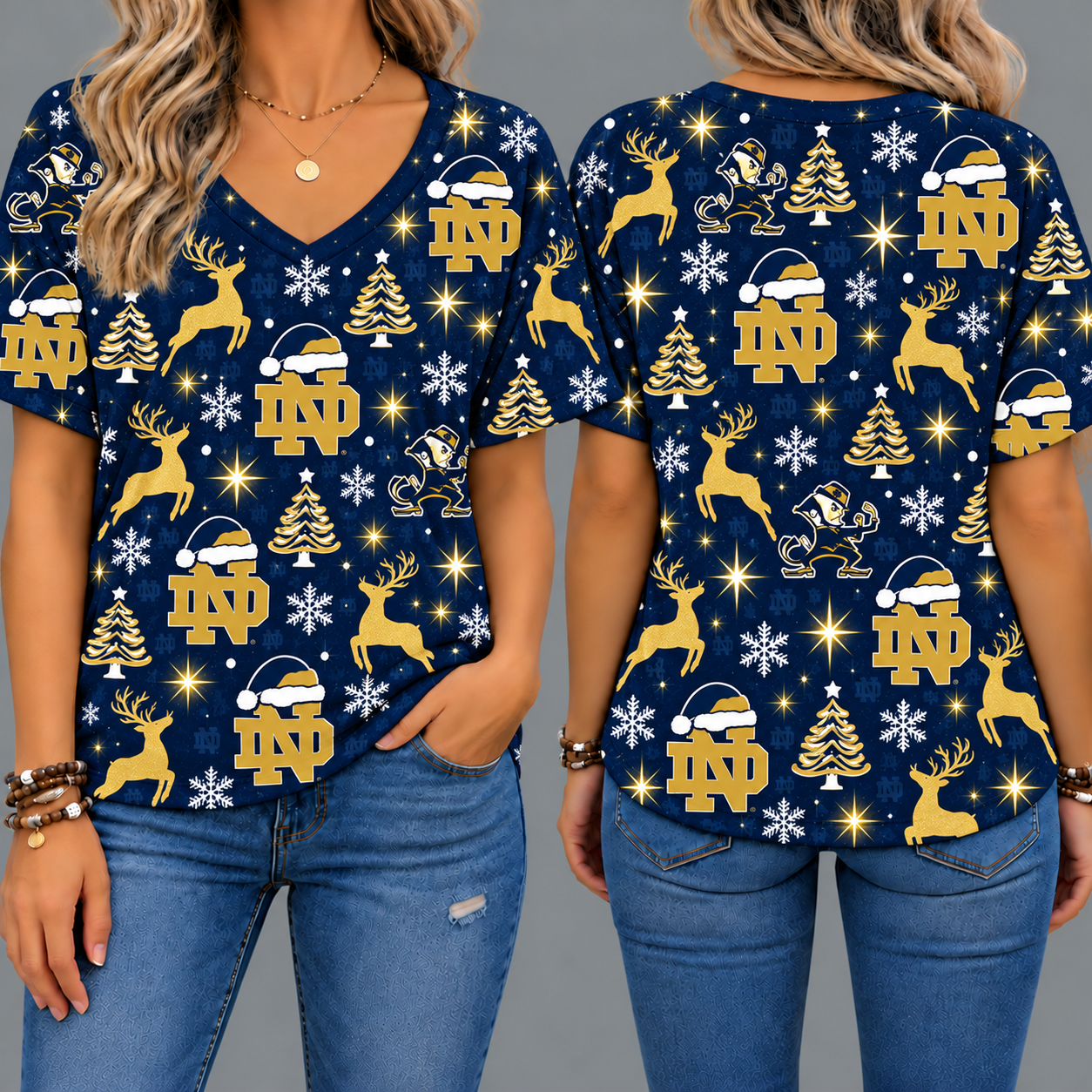 Notre Dame Fighting Irish Women’s Christmas Reindeer Snowflake All-Over Print V-Neck Short Sleeve Shirt