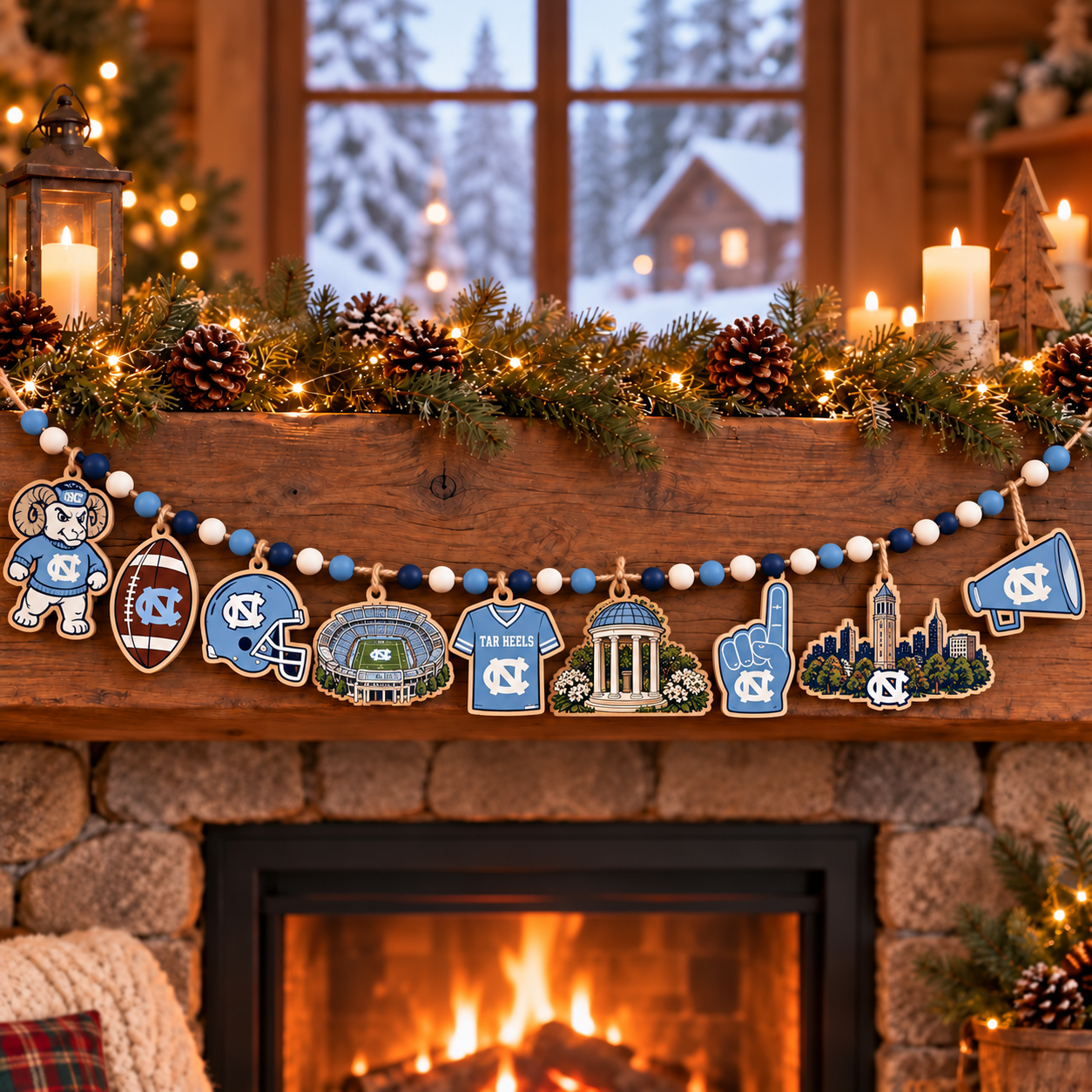 North Carolina Tar Heels Wooden Christmas Garland – Football Team Holiday Hanging Decorations