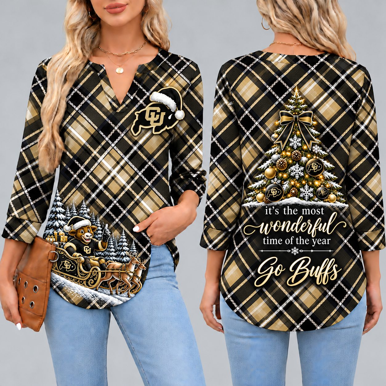 Colorado Buffaloes Women's Christmas Plaid V-Neck Collar Long Sleeve Casual Shirt with Festive Holiday Print