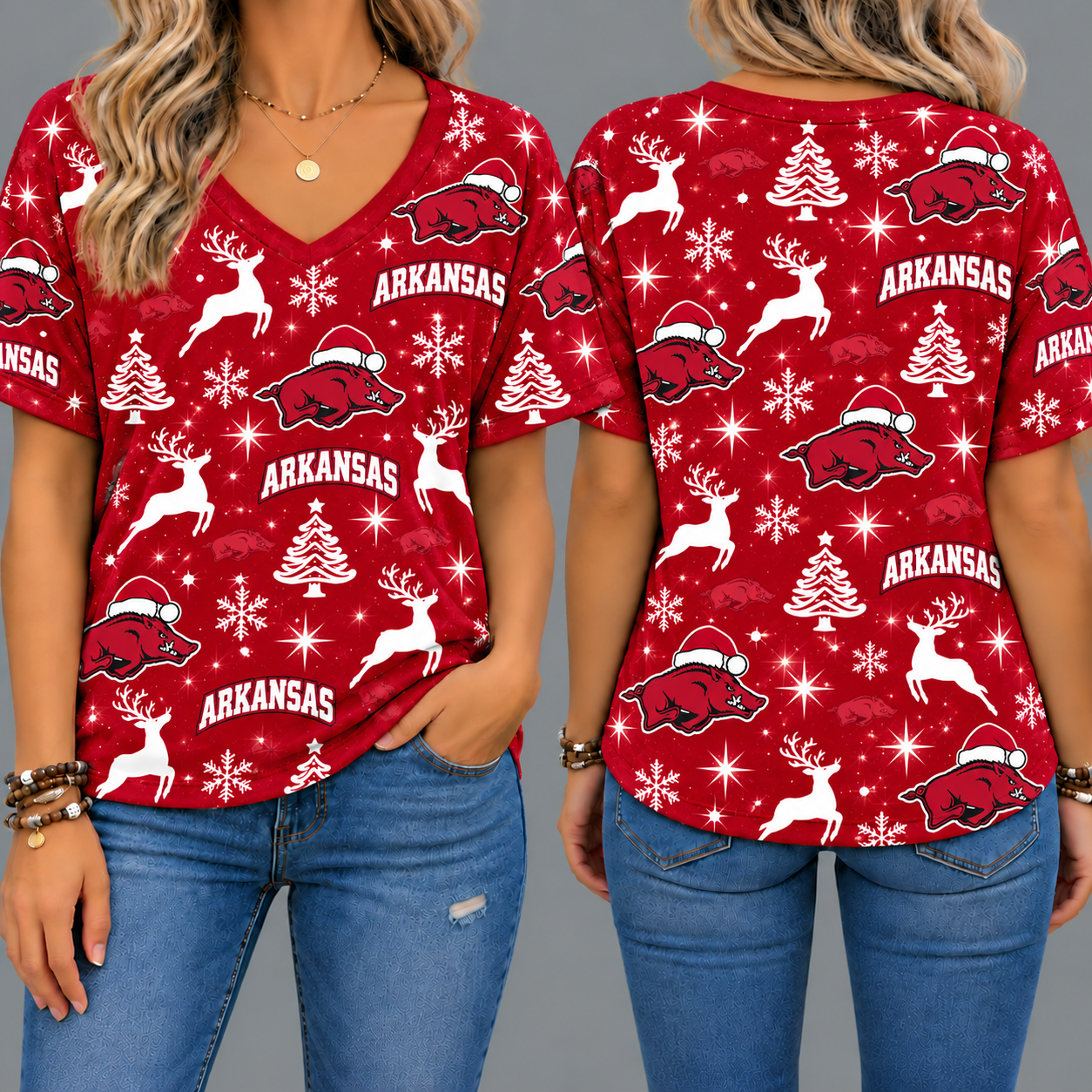 Arkansas Razorbacks Women’s Christmas Reindeer Snowflake All-Over Print V-Neck Short Sleeve Shirt