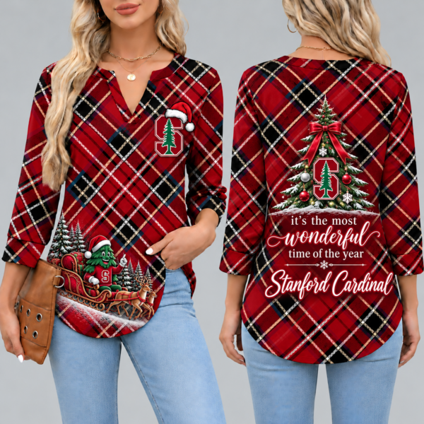 Stanford Cardinal Women's Christmas Plaid V-Neck Collar Long Sleeve Casual Shirt with Festive Holiday Print