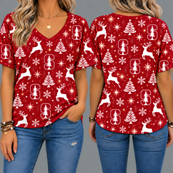 Stanford Cardinal Women’s Christmas Reindeer Snowflake All-Over Print V-Neck Short Sleeve Shirt