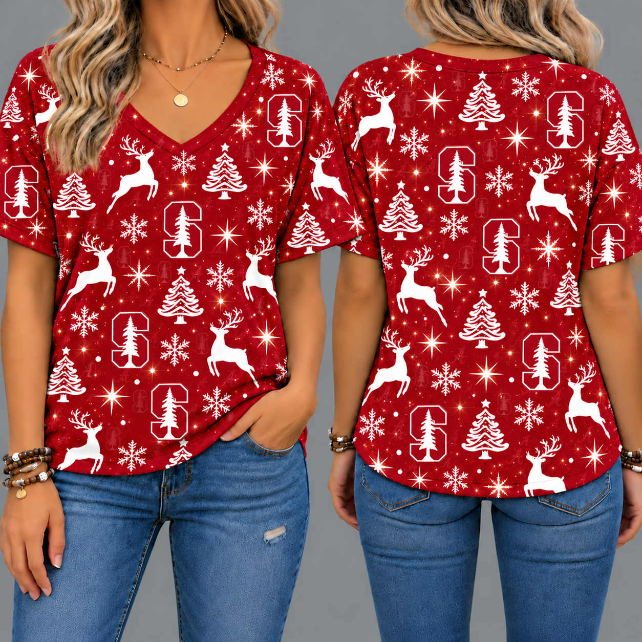 Stanford Cardinal Women’s Christmas Reindeer Snowflake All-Over Print V-Neck Short Sleeve Shirt