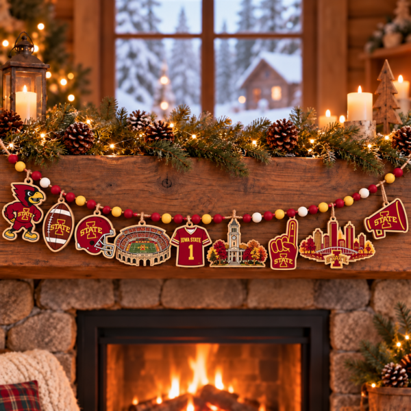 Iowa State Cyclones Wooden Christmas Garland – Football Team Holiday Hanging Decorations
