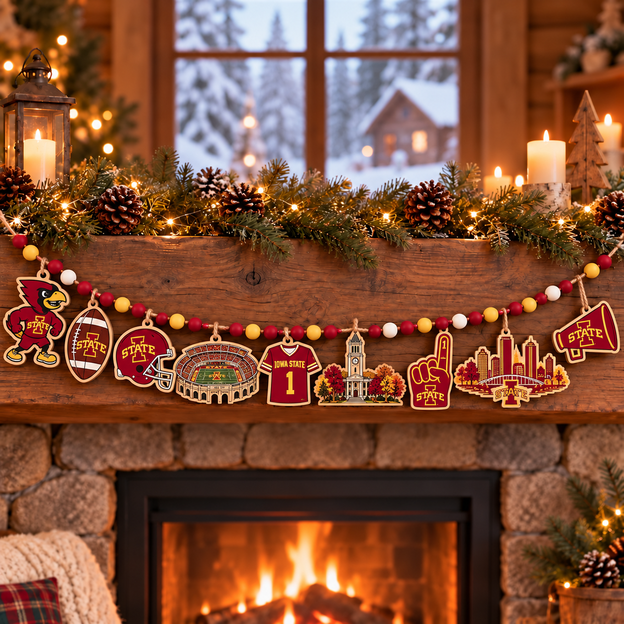 Iowa State Cyclones Wooden Christmas Garland – Football Team Holiday Hanging Decorations