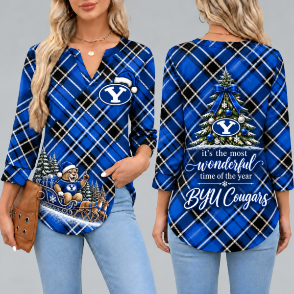 BYU Cougars Women's Christmas Plaid V-Neck Collar Long Sleeve Casual Shirt with Festive Holiday Print