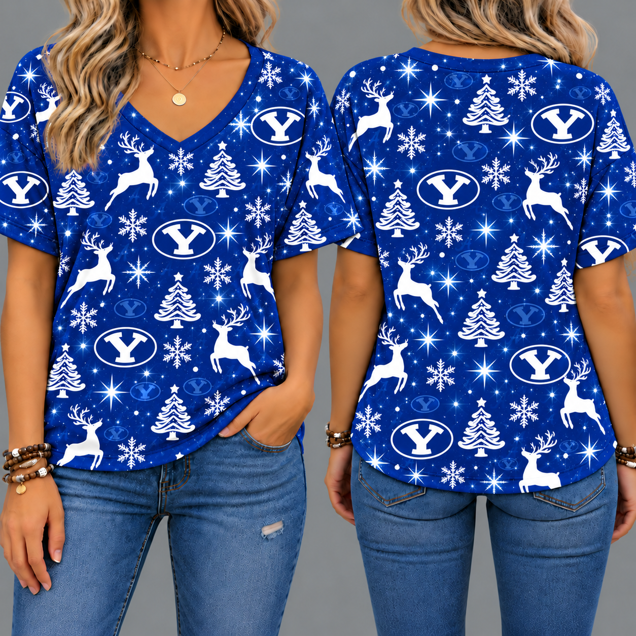 BYU Cougars Women’s Christmas Reindeer Snowflake All-Over Print V-Neck Short Sleeve Shirt