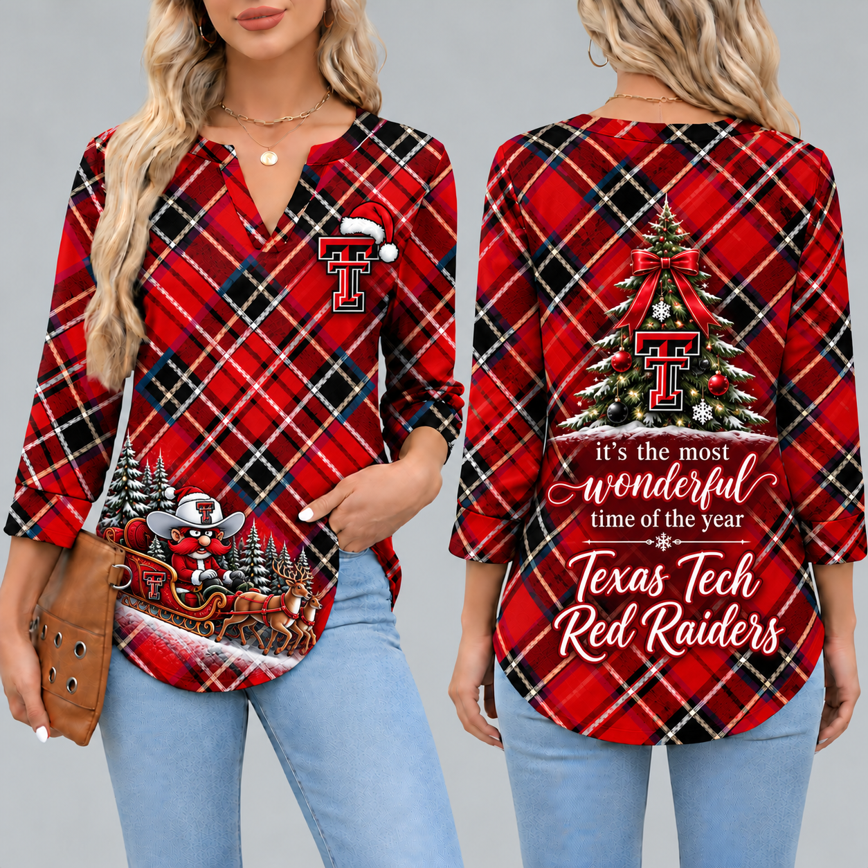 Texas Tech Red Raiders Women's Christmas Plaid V-Neck Collar Long Sleeve Casual Shirt with Festive Holiday Print