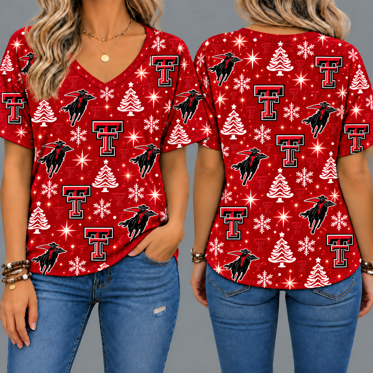 Texas Tech Red Raiders Women’s Christmas Reindeer Snowflake All-Over Print V-Neck Short Sleeve Shirt