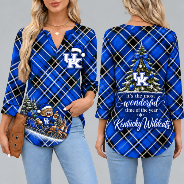 Kentucky Wildcats Women's Christmas Plaid V-Neck Collar Long Sleeve Casual Shirt with Festive Holiday Print