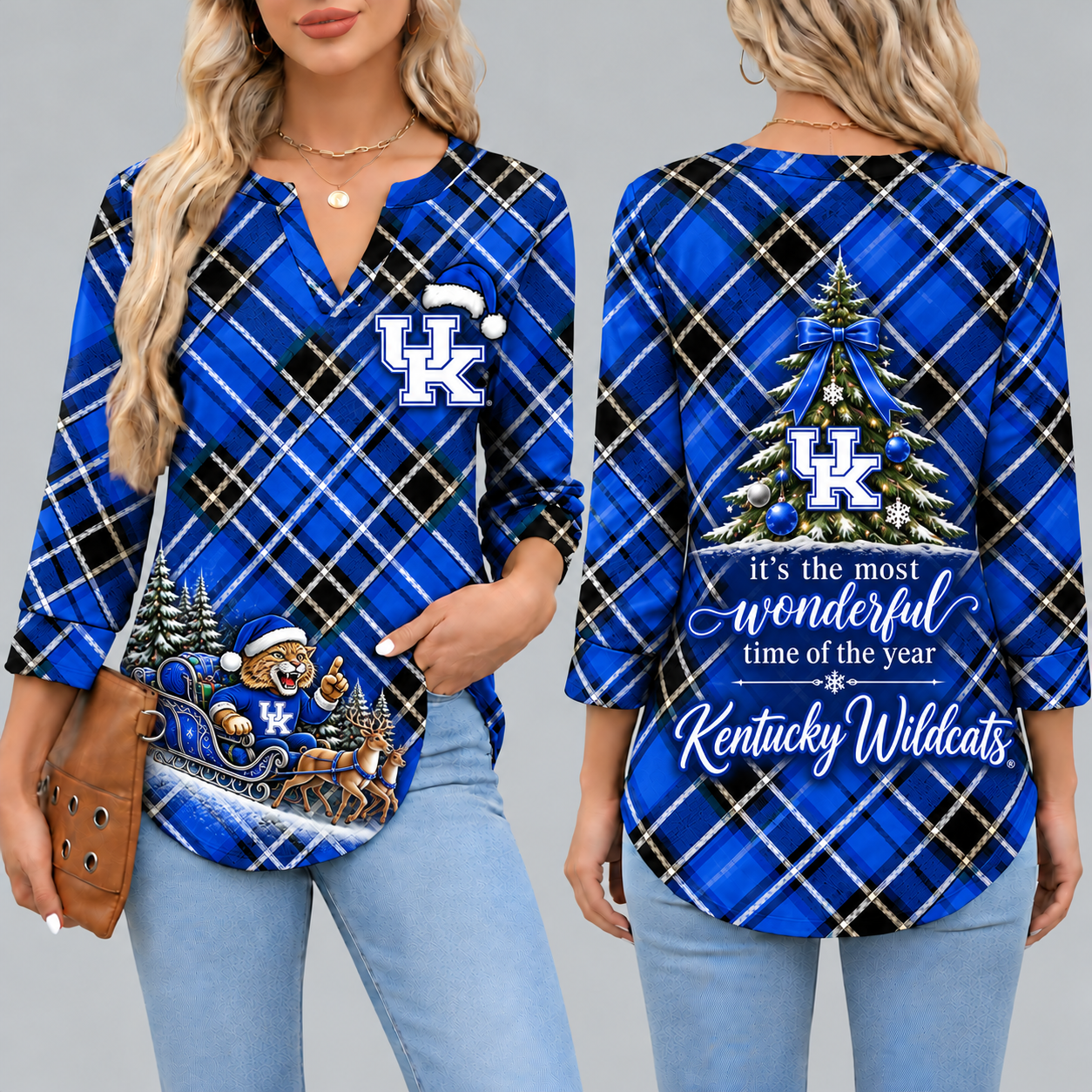 Kentucky Wildcats Women's Christmas Plaid V-Neck Collar Long Sleeve Casual Shirt with Festive Holiday Print