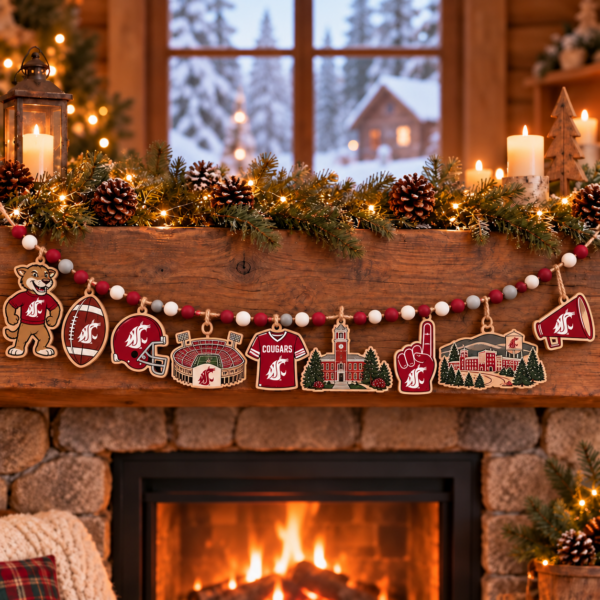 Washington State Cougars Wooden Christmas Garland – Football Team Holiday Hanging Decorations