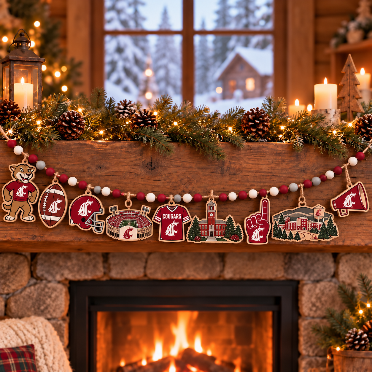 Washington State Cougars Wooden Christmas Garland – Football Team Holiday Hanging Decorations