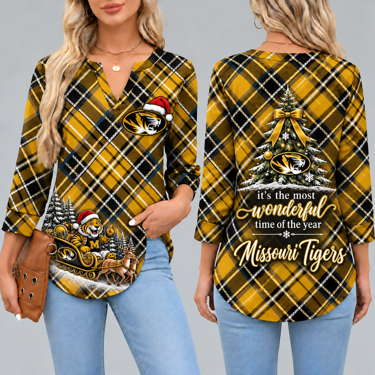 Missouri Tigers Women's Christmas Plaid V-Neck Collar Long Sleeve Casual Shirt with Festive Holiday Print